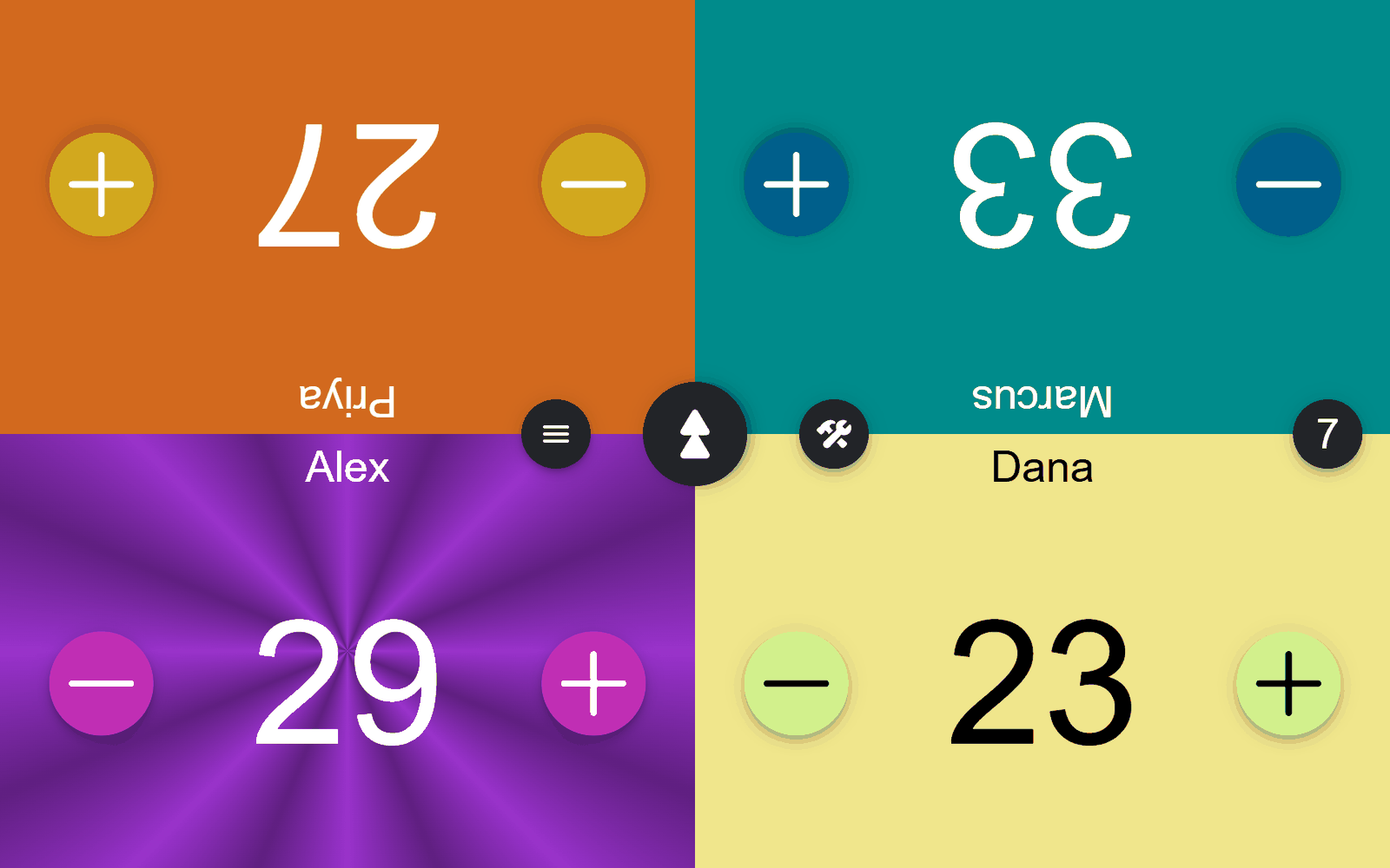 Arcane Signet game overview with four players&rsquo; life totals, the round counter and the turn marker