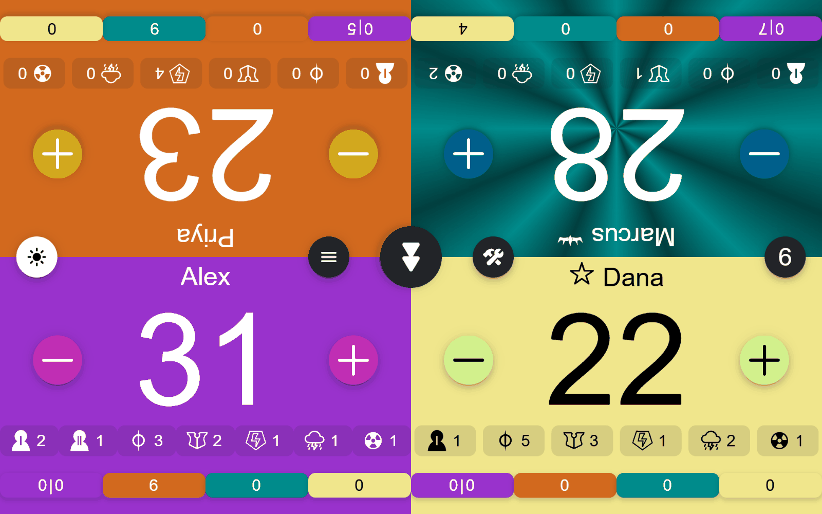Arcane Signet game tracker showing player life totals, commander damage and secondary counters